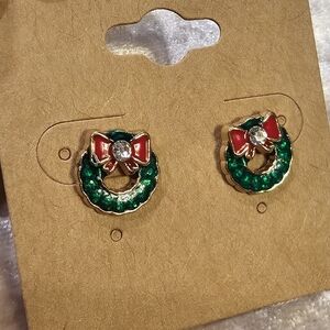 Holiday Wreath Earrings with Red Bow